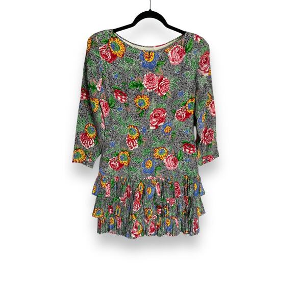 Vintage 80s Bill Blass Designer Silk Floral Dropwaist Mini Dress Long Sleeve 8 - Picture 3 of 4